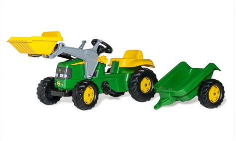 Ilustracja traktora na pedały Rolly Toys John Deere z ruchomą łyżką, prezentująca jego wygląd i funkcjonalność.