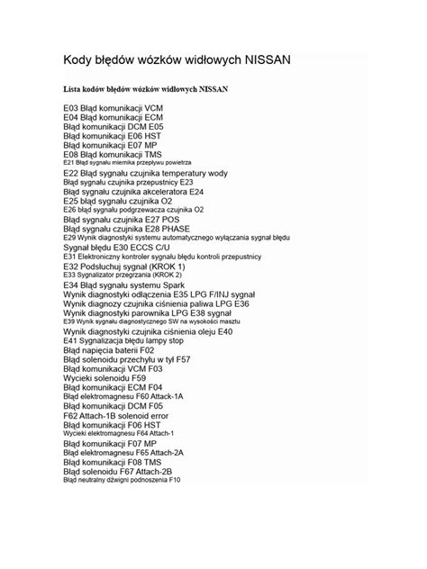 Infografika przedstawiająca przykładowe kody błędów wózków widłowych i ich znaczenie