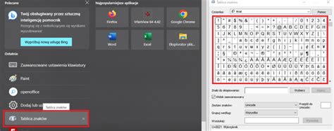 Przykładowe okno tablicy znaków systemu Windows z zaznaczonym symbolem.