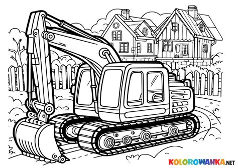 Kolorowanka koparka na placu budowy, realistyczne detale