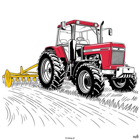 Schematyczny rysunek pokazujący traktor z pługiem orzący pole w grze FS17