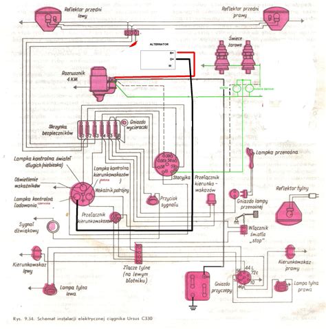 Schemat instalacji elektrycznej ciągnika T-25 z zaznaczonym alternatorem, regulatorem napięcia i kontrolką ładowania.