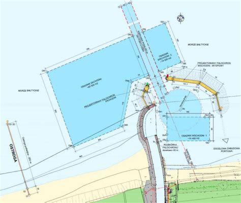 Plan zagospodarowania przestrzennego portu w Łebie z zaznaczonymi nowymi obiektami hydrotechnicznymi