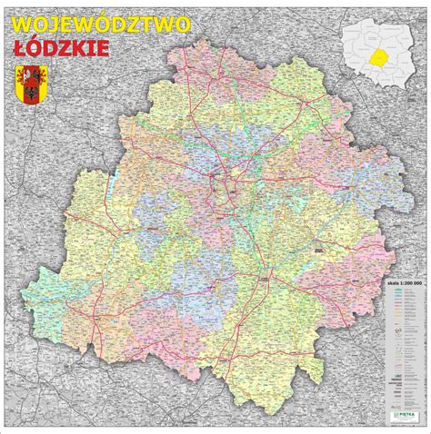Mapa województwa łódzkiego z zaznaczonymi miastami i gminami