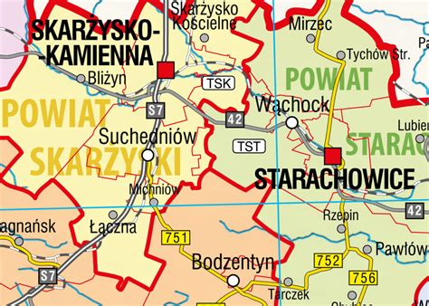 mapa województwa świętokrzyskiego z zaznaczeniem Kielc