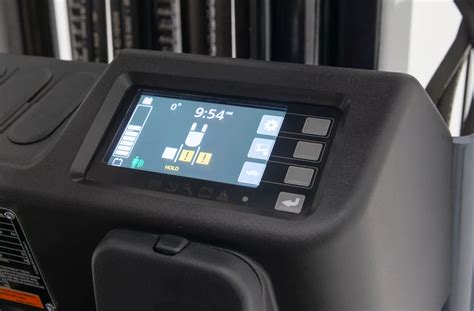 Close-up photo of a Hyster forklift control panel with TouchPoint mini-levers and a digital display.