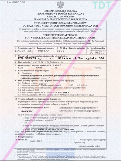 Zdjęcie: Certyfikat dopuszczenia pojazdu ADR