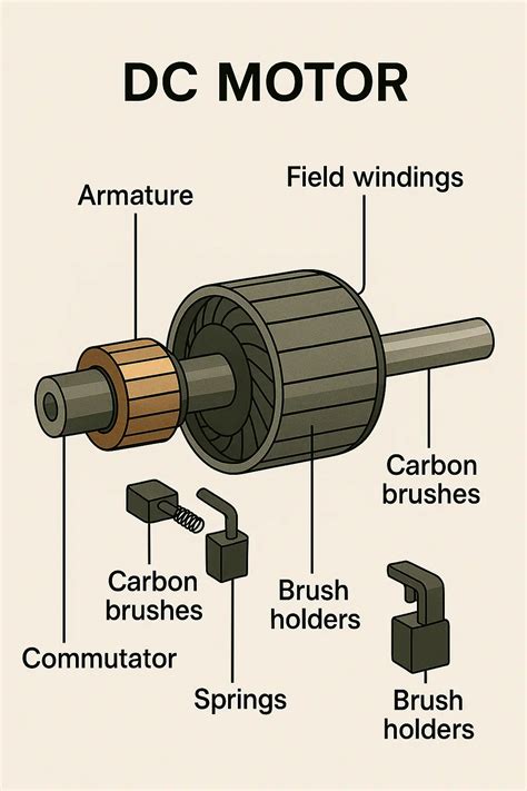 Technical diagram of a starter motor with highlighted brushes