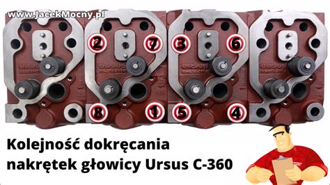 Widok na głowicę silnika Ursus C-360 z zaznaczonymi miejscami przepalania uszczelek