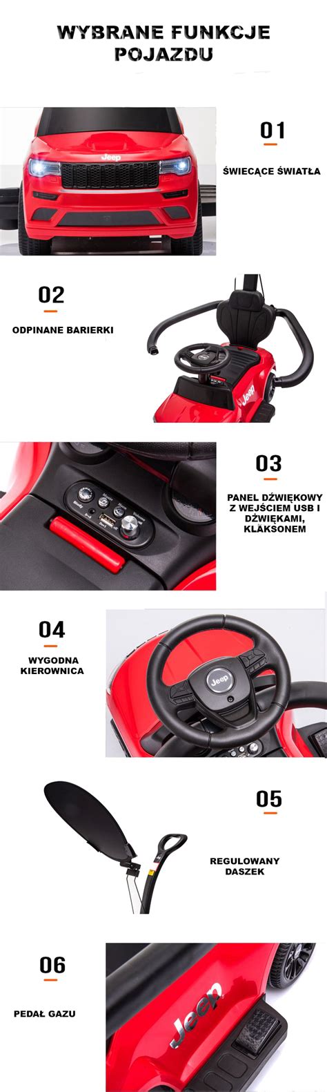Infografika przedstawiająca funkcje pojazdu na akumulator (światła, dźwięki, wskaźnik baterii)