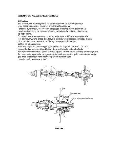 Schemat budowy przedniej osi mini traktora z zaznaczonym miejscem montażu uszczelniacza olejowego