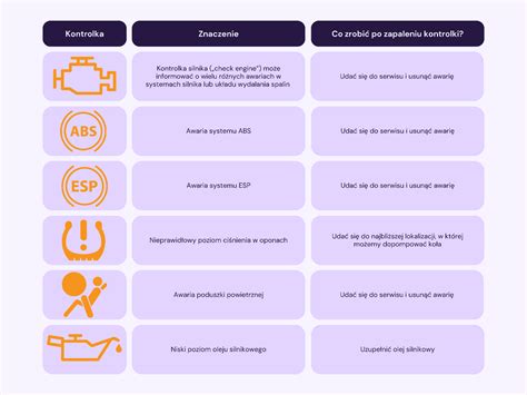 infografika przedstawiająca znaczenie podstawowych kontrolek ostrzegawczych w maszynach budowlanych