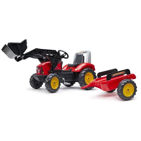 zdjęcie czerwonego traktora Falk Red Supercharger z przyczepą i łopatą