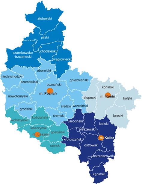 mapa Polski z zaznaczonym regionem Wielkopolski i głównymi miastami