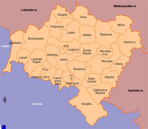 mapa województwa dolnośląskiego z zaznaczonymi miastami