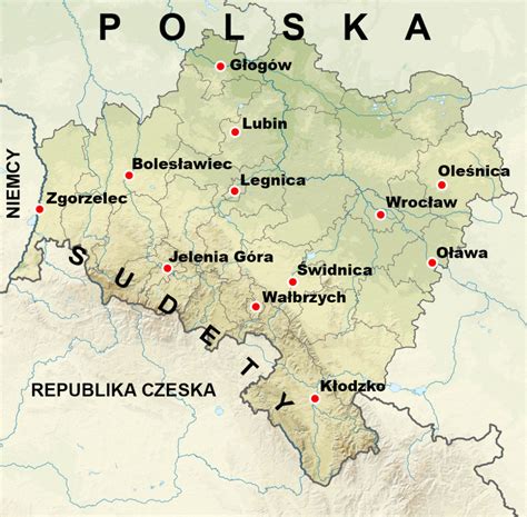 mapa Polski z zaznaczoną lokalizacją Dolnego Śląska i miast wymienionych w tekście