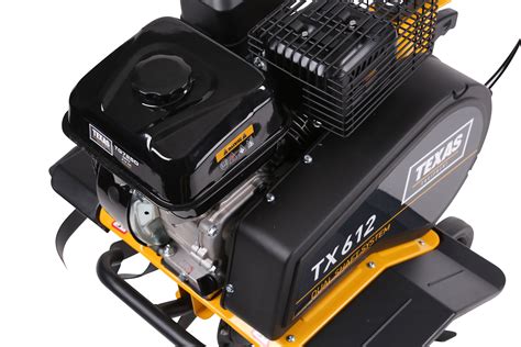 Schemat budowy glebogryzarki Texas TX 612TG z zaznaczonymi głównymi podzespołami i wymiarami roboczymi