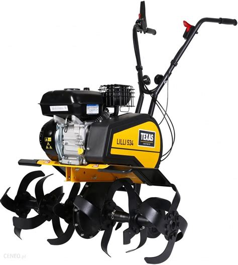 Zdjęcie glebogryzarki spalinowej Texas 534B w pracy, pokazujące szerokość roboczą i głębokość spulchniania