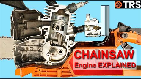 Diagram showing the internal structure of a small two-stroke chainsaw engine, highlighting the crankcase and filter system.