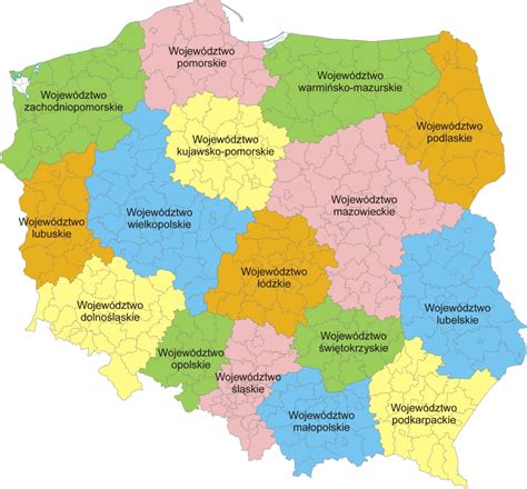 Mapa Polski z zaznaczonymi powiatami o największej sprzedaży ciągników rolniczych