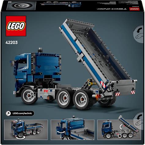 Zdjęcie wywrotki LEGO Technic 42203 z przechyloną skrzynią w akcji na placu budowy