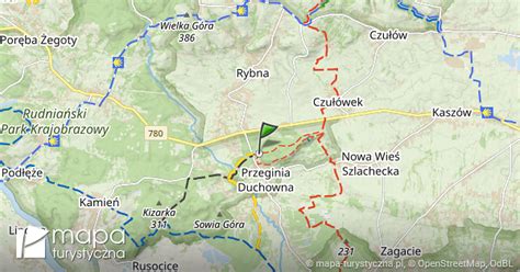Mapa z zaznaczonymi miejscowościami Przeginia Duchowna i okolicami