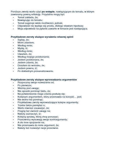 Infografika przedstawiająca listę najczęściej używanych zwrotów do rozprawki typu 
