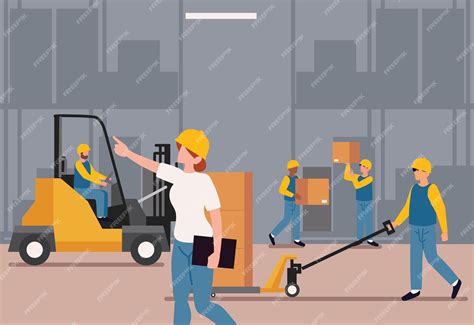 Ilustracja nowoczesnego magazynu z wózkami widłowymi w akcji