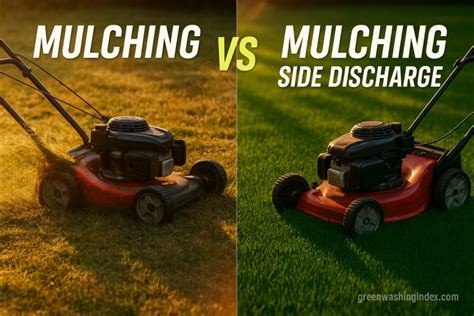 Infographics showing mulching and side discharge functions of a lawnmower