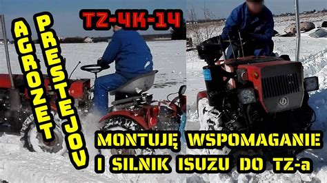 Ilustracja porównująca oryginalny silnik traktorka TZ-4K-14 z przykładowym silnikiem Isuzu