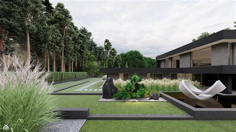zdjęcie przedstawiające nowoczesny projekt ogrodu z elementami małej architektury i roślinnością ozdobną