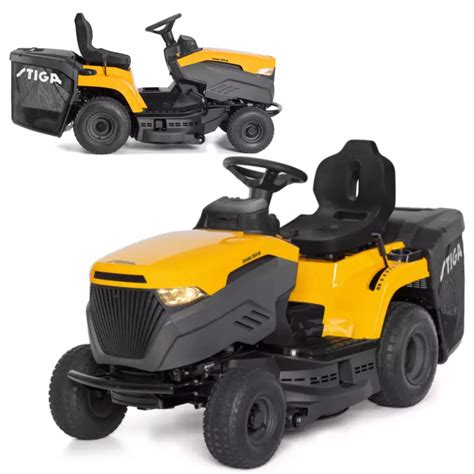 zdjęcie przedstawiające różnorodne traktorki kosiarki na tle zielonego ogrodu