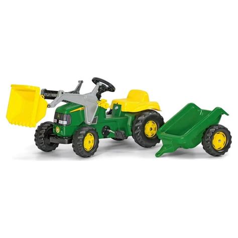 Thematic photo of a John Deere pedal tractor with a loader, model Rolly Toys 811076, with a child playing