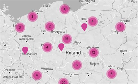 Mapa z zaznaczonymi punktami dystrybucji szybkozłączy lub serwisów maszyn budowlanych