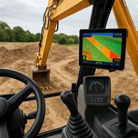 Wizualizacja nowoczesnego pulpitu operatora koparki z ekranami monitoringu i GPS