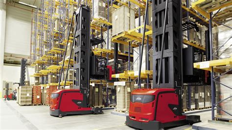 Photo of a high-rack forklift operating in a narrow aisle