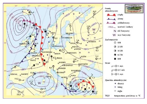 Mapa synoptyczna Europy z zaznaczonymi wyżami i strefą frontu okluzji
