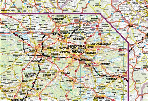 mapa drogowa Śląska z zaznaczonymi głównymi trasami transportowymi