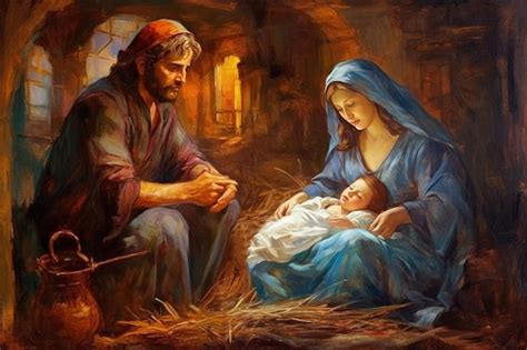 Młoda Maryja i Józef z Dzieciątkiem Jezus w stajence