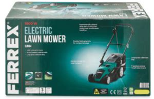 Thematic photo of FERREX garden tools, including a lawnmower, in an Aldi store setting or garden