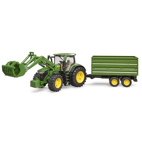 Infographics showing the features of the Bruder 03155 John Deere 7R 350 tractor with a trailer, highlighting movable parts and trailer functions.