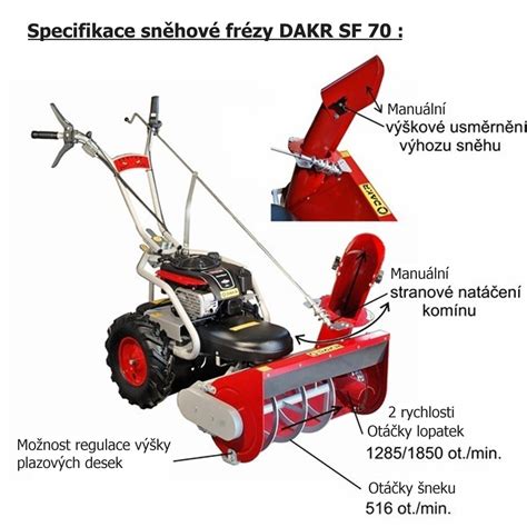 Ilustracja techniczna odśnieżarki wirnikowej Dakr SF 70 z zaznaczonymi elementami roboczymi.