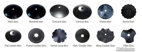 Diagram showing different types of disc harrow blades (smooth, notched) and their angles