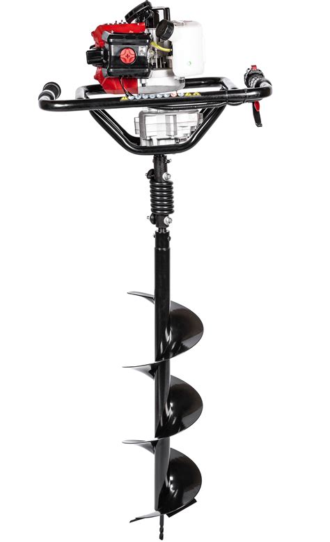 Profesjonalny świder glebowy spalinowy w akcji, z widocznym wiertłem zagłębiającym się w ziemię.