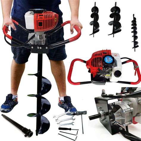 Ilustracja porównująca różne typy świdrów glebowych: spalinowy, elektryczny i ręczny.