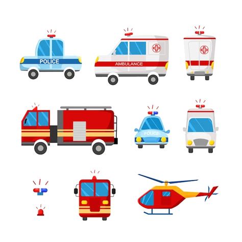 Ilustracja przedstawiająca różne typy pojazdów specjalnych: wóz strażacki, karetka pogotowia, samochód policyjny, koparka.