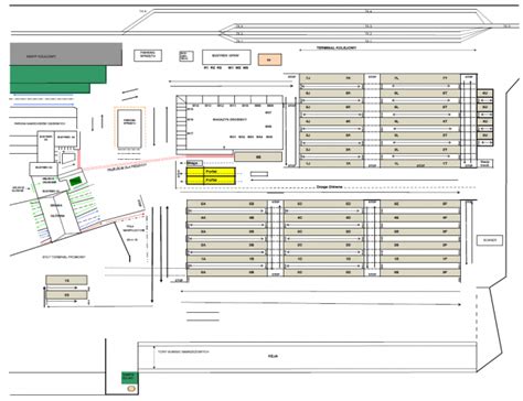 Mapa terminalu BCT Gdynia z zaznaczoną infrastrukturą kolejową, placami składowymi i dostępem do nabrzeża.