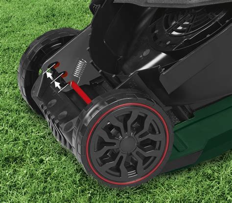 Infographics showing the technical specifications of the Parkside PRM 1200 A1 lawnmower