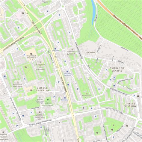 Mapa Stalowej Woli i okolic z zaznaczonymi potencjalnymi lokalizacjami firm oferujących wynajem maszyn budowlanych