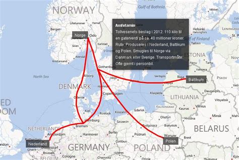 Mapa przedstawiająca trasę przemytu sprzętu: z Norwegii przez Szwecję do portu w Ystad, następnie drogą morską do Świnoujścia i w głąb Polski.